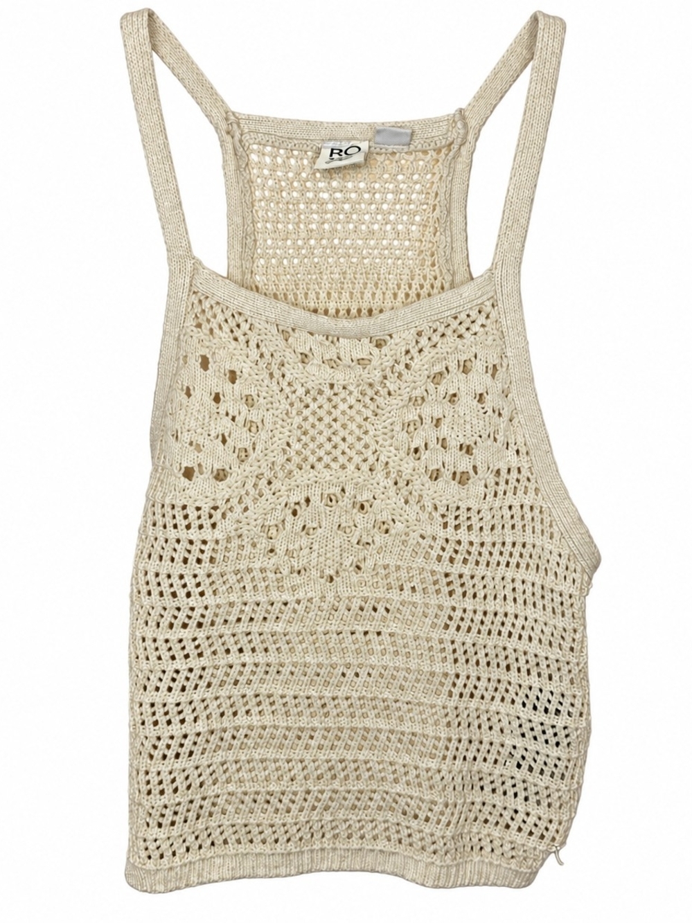 Roxy Beige Crochet Open Knit Tank Top Small Boho Beach Y2K